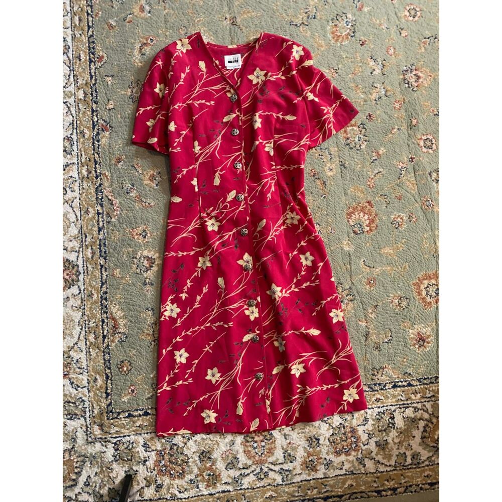 Leslie Fay Vintage Red Short Sleeve Midi Tie Back Dress with Flowers, size 16
